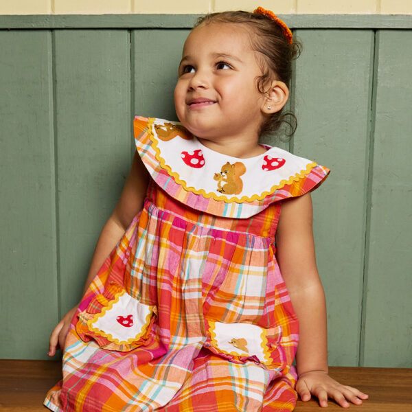 Little Squirrel Dress (Orange/Rainbow Tartan)